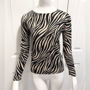 J.Crew Animal Print Zebra Teddie Sweater Black Tan Cotton Crew Neck Top Size XS